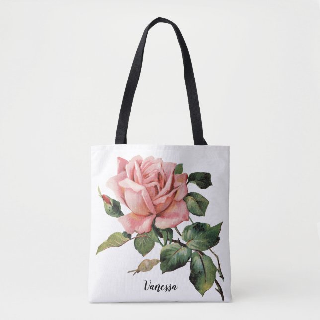 Vintage Rose with Name Tote Bag (Front)
