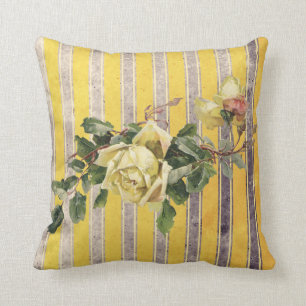 Vintage Rose with Rustic Yellow and Grey Stripe Cushion