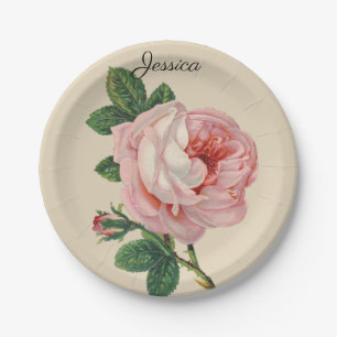 Vintage Rose with Your Name Paper Plate
