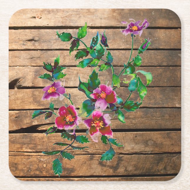 Vintage rose - wood planks square paper coaster (Front)