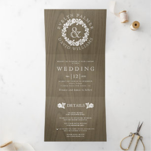 Vintage rose wreath rustic grey-brown wood wedding Tri-Fold invitation
