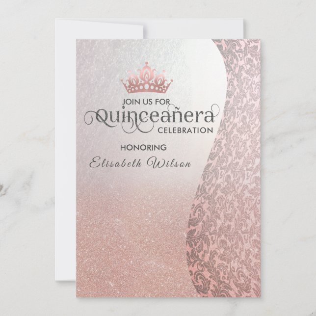 Vintage rosegold luxury damask tiara Quinceañera   Invitation (Front)