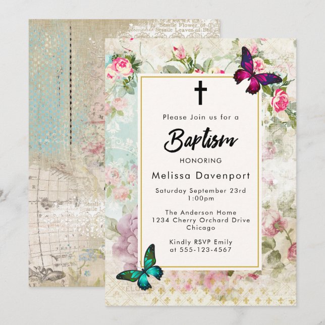 Vintage roses and Butterflies Baptism Invite (Front/Back)