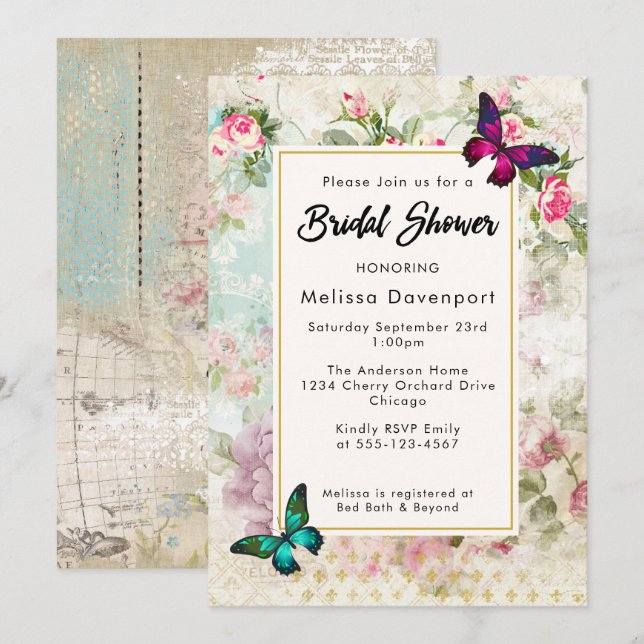 Vintage roses and Butterflies Bridal Shower Invite (Front/Back)
