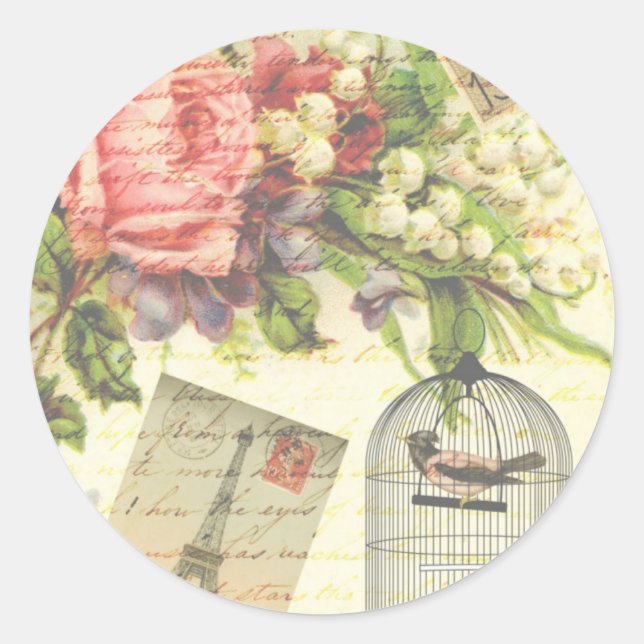Vintage Roses and Caged Bird Classic Round Sticker (Front)