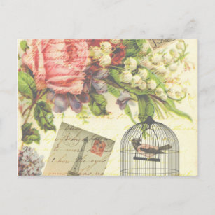 Vintage Roses and Caged Bird Postcard