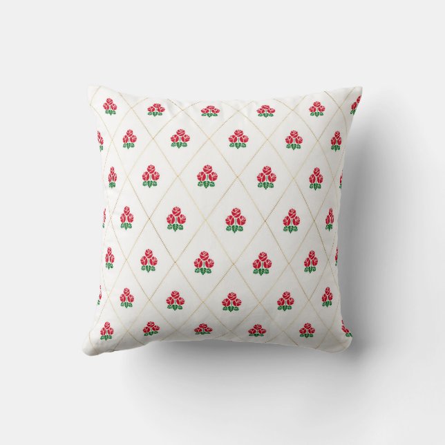 Vintage Roses and Diamonds Pattern Black Red Cushion (Back)