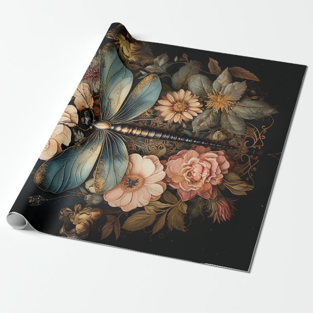 Vintage Roses and Dragonfly Wrapping Paper (Unrolled)