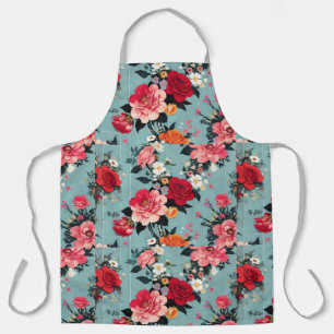 Vintage Roses and Florals on a Blue Background Apron