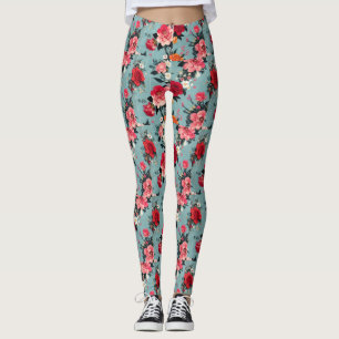 Vintage Roses and Florals on a Blue Background Leggings