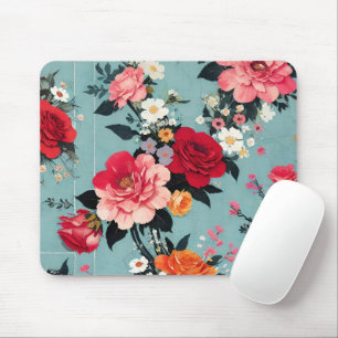 Vintage Roses and Florals on a Blue Background Mouse Mat
