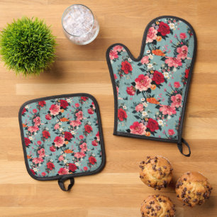 Vintage Roses and Florals on a Blue Background Oven Mitt & Pot Holder Set