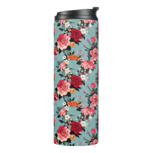 Vintage Roses and Florals on a Blue Background Thermal Tumbler
