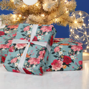 Vintage Roses and Florals on a Blue Background Wrapping Paper