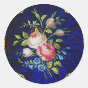 VINTAGE ROSES AND FLOWERS IN BLUE CLASSIC ROUND STICKER