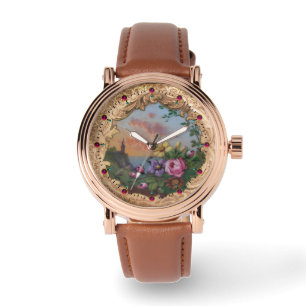 VINTAGE ROSES AND FLOWERS WITH LANDSCAPE WATCH
