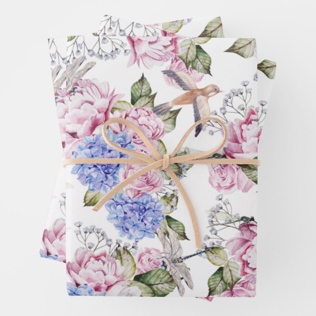 Vintage Roses and Hydrangea Flowers Nature Wrapping Paper Sheet (In situ)