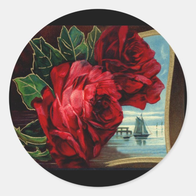 Vintage Roses and Sail Boat Classic Round Sticker (Front)