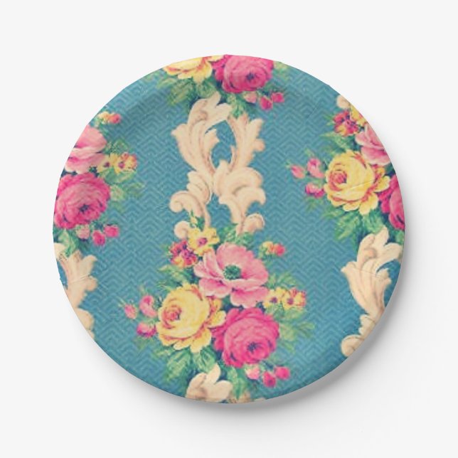 Vintage roses and scrolls fabric paper plates (Front)
