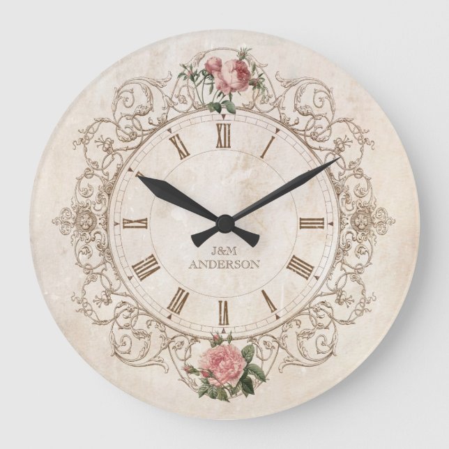 Vintage Roses Antique French Wall Clock (Front)