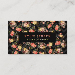 Vintage Roses Black Chevron Pattern Floral Business Card