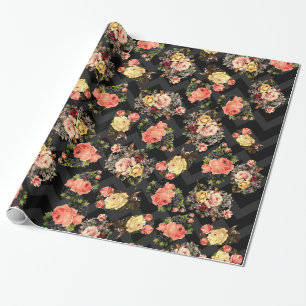 Vintage Roses Black Chevron Pattern Floral Wrapping Paper
