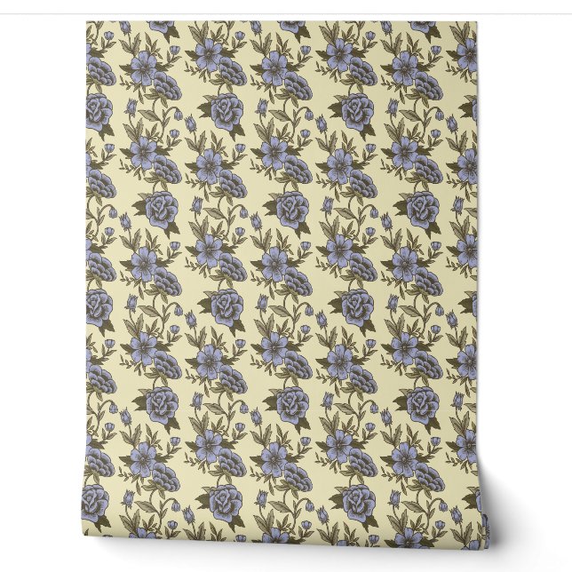 Vintage Roses Blue Beige Wallpaper (Unrolling)