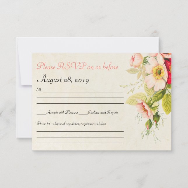 Vintage Roses Bouquet Floral Wedding RSVP Card (Front)