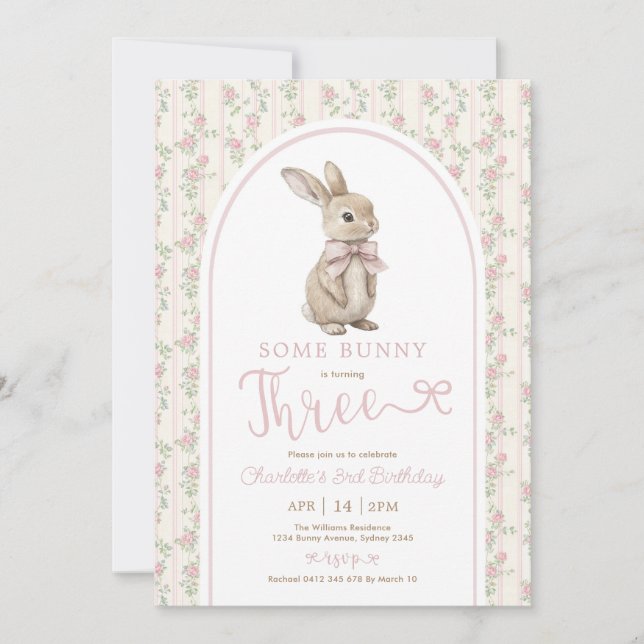 Vintage Roses Bunny Rabbit 3rd Birthday Girl Invitation (Front)