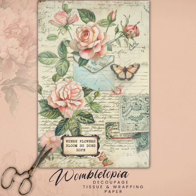 Vintage Roses & Butterfly Botanical Ephemera Tissue Paper (Creator Uploaded)