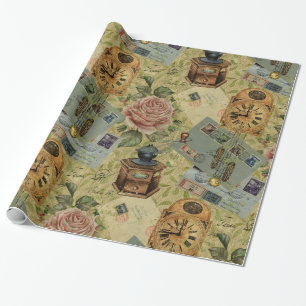 Vintage Roses & Clocks Seamless Pattern Wrapping Paper