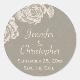 Vintage Roses Cream on Dusty Grey Save the Date Classic Round Sticker