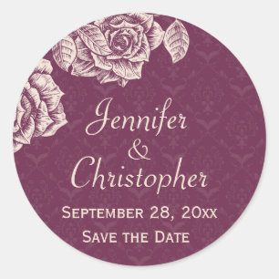 Vintage Roses Cream on Magenta Save the Date Classic Round Sticker