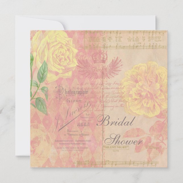 Vintage Roses, Crown & Music Bridal Shower Collage Invitation (Front)