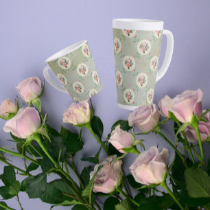 Vintage Roses Doilies Faded Smoky Green Damask Latte Mug