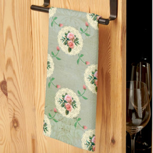 Vintage Roses Doilies Faded Smoky Green Damask Tea Towel
