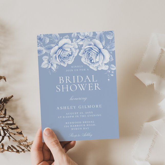 Vintage Roses Elegant Blue Bridal Shower Invitation (Creator Uploaded)