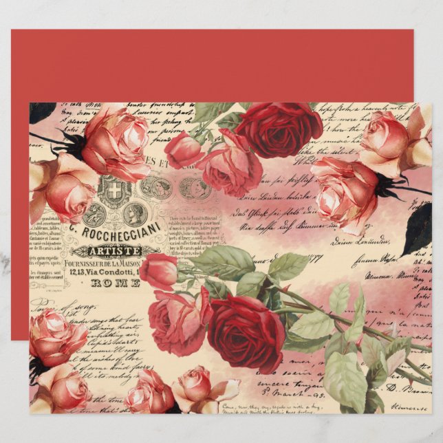 Vintage Roses Ephemera Scrapbook Paper Sheet (Front/Back)