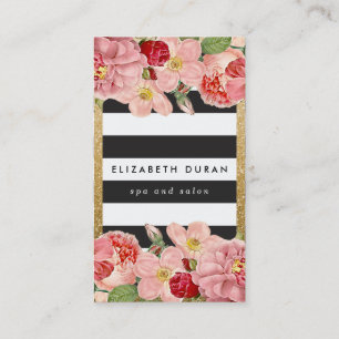 Vintage Roses Floral Black White Stripes Modern Business Card