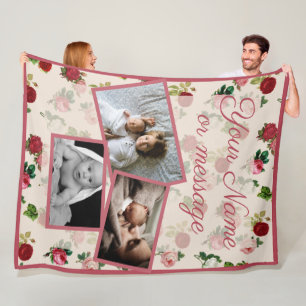 Vintage Roses Floral Pattern Custom Photos Fleece Blanket