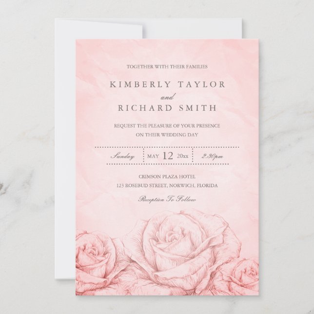 Vintage Roses Floral Pink Elegant Wedding Invitation (Front)