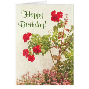 Vintage Roses Flowers Happy Birthday Card