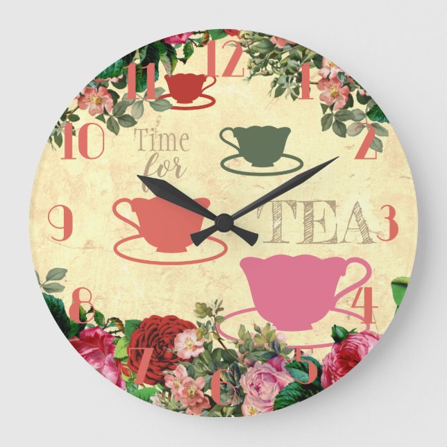 Vintage roses flowers teacups personalised kitchen large clock (Front)