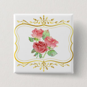 vintage roses gold frame floral design 15 cm square badge