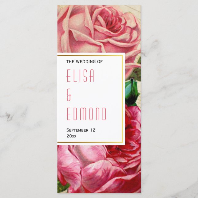 Vintage roses in pink floral wedding program programme (Front)