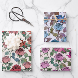 Vintage Roses in Red Blue and Pink Wrapping Paper Sheet