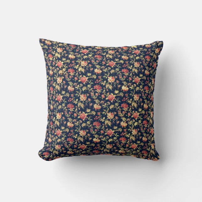 Vintage Roses On A Blue Field Throw Pillow (Front)