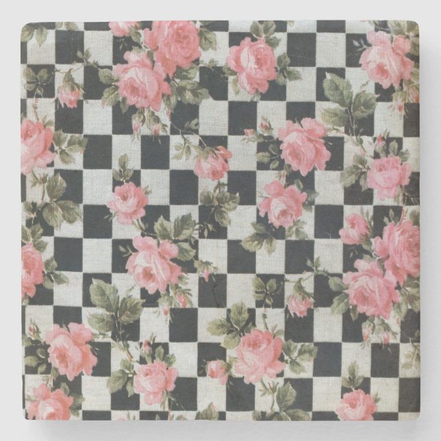 Vintage Roses on Black and White Stone Coaster (Front)