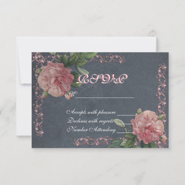 Vintage roses on chalkboard RSVP card (Front)