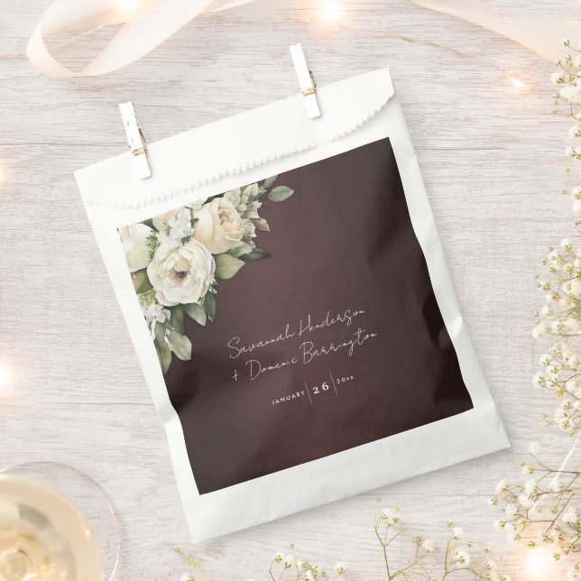 Vintage Roses on Elegant Burgundy Wedding Favour Bags (Clipped)